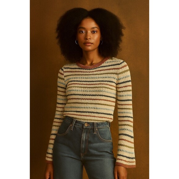 The General Good Crochet Striped Sweater Bell Sleeves Women's 70s Hippie Sz M - Picture 1 of 8